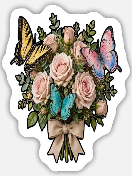Rosen- und Schmetterlingsstrauß - Sticker Größe M (15 x 15 cm) - Mattweiß