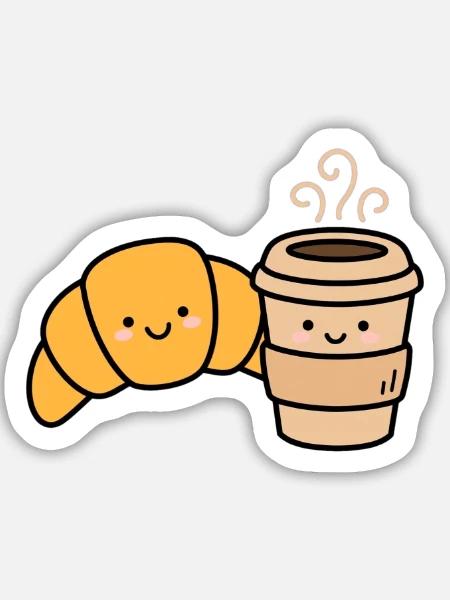 Kawaii Croissant Kaffee-Duo - Sticker Größe M (15 x 15 cm) - Mattweiß