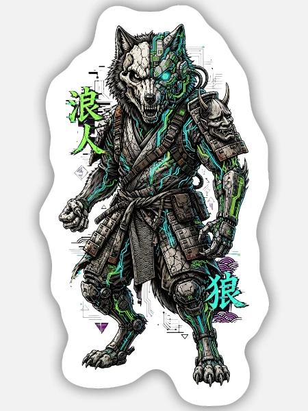 Cyber Wolf Mech Samurai Krieger - Sticker Größe M (15 x 15 cm) - Mattweiß