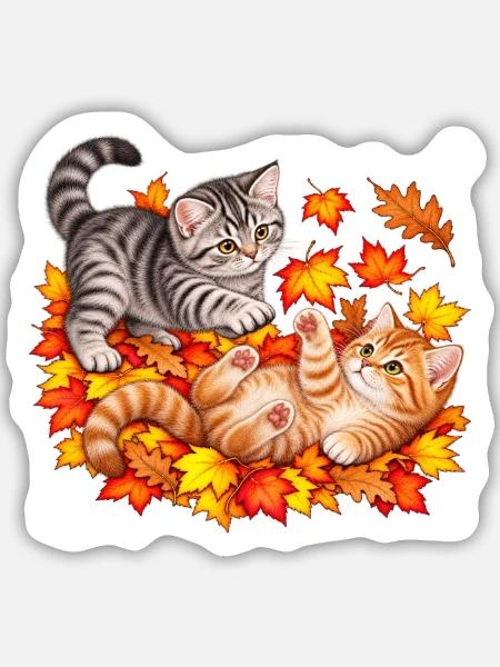 Herbstkätzchen im Herbstlaub - Sticker Größe M (15 x 15 cm) - Mattweiß