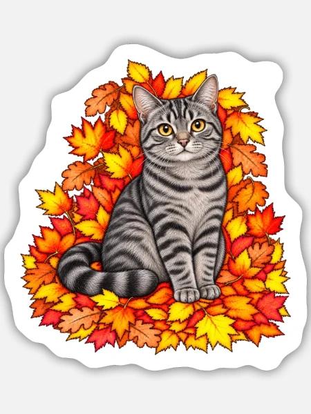 Herbstkatze in bunten Blättern - Sticker Größe M (15 x 15 cm) - Mattweiß