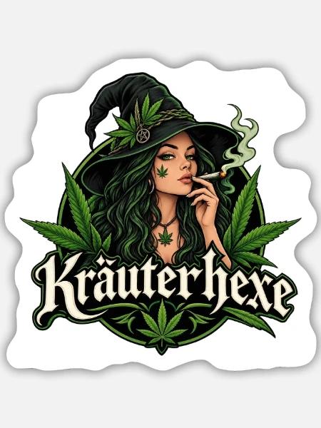 Rauchende Kräuterhexe Hanfblatt - Sticker Größe M (15 x 15 cm) - Mattweiß