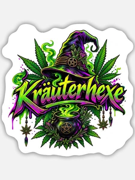 Kräuterhexe mit Hanfblatt und Hexenhut - Sticker Größe M (15 x 15 cm) - Mattweiß