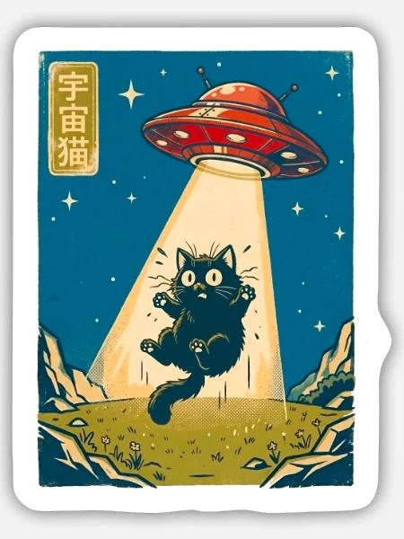 Retro Weltraumkatze UFO Poster - Sticker Größe M (15 x 15 cm) - Mattweiß