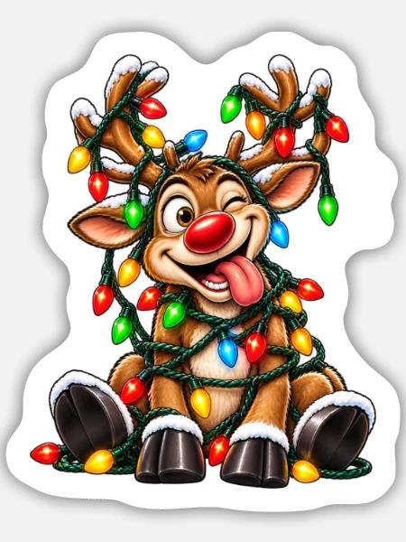 Tanzendes Rentier mit Lichterketten - Sticker Größe M (15 x 15 cm) - Mattweiß