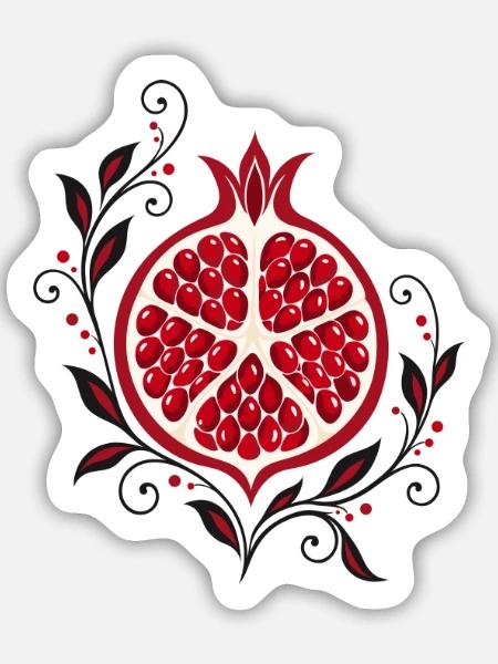 Granatapfel mit Blumen - Botanische Kunst - Sticker Größe M (15 x 15 cm) - Mattweiß