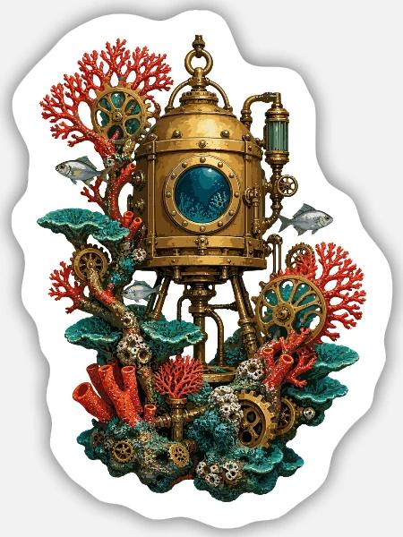Tauchglocke zwischen mechanischen Korallen - Sticker Größe M (15 x 15 cm) - Mattweiß