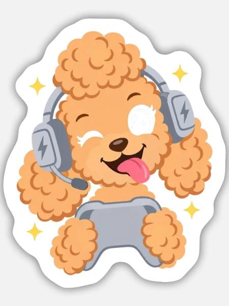 Gaming-Pudel mit Headset - Sticker Größe M (15 x 15 cm) - Mattweiß