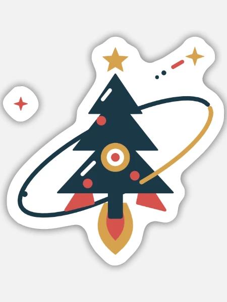 Tannenbaum auf Sternenreise – Weihnachtsrakete - Sticker Größe M (15 x 15 cm) - Mattweiß