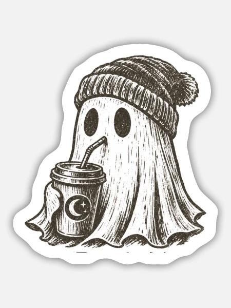 Kuscheliger Geist mit Kaffeebecher - Sticker Größe M (15 x 15 cm) - Mattweiß