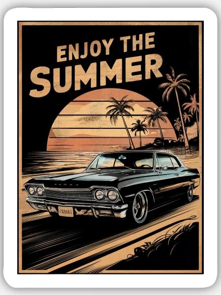 Sonnenuntergang mit dem Sommer-Oldtimer - Sticker Größe M (15 x 15 cm) - Mattweiß