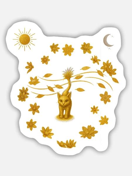 Goldkatze im Blütenkreis - Sticker Größe M (15 x 15 cm) - Mattweiß