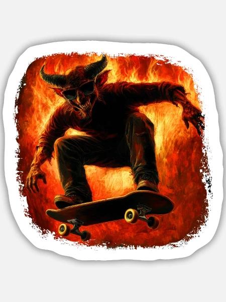 Teufel Skater Hölle Feuer - Sticker Größe M (15 x 15 cm) - Mattweiß