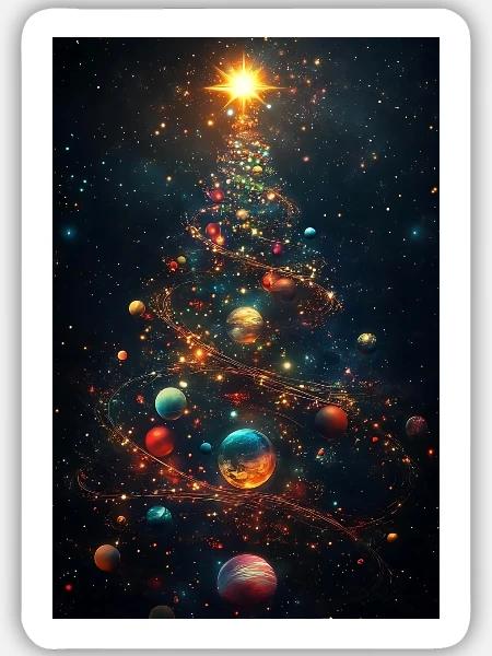 Kosmischer Weihnachtsbaum mit Planetenschmuck - Sticker Größe M (15 x 15 cm) - Mattweiß