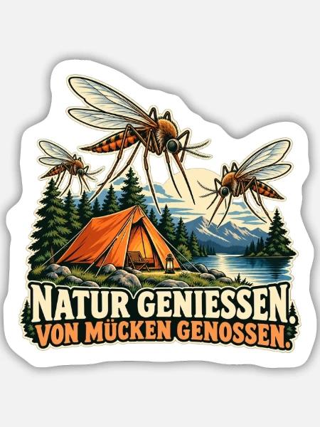 Camping mit Mückenbuffet - Sticker Größe M (15 x 15 cm) - Mattweiß