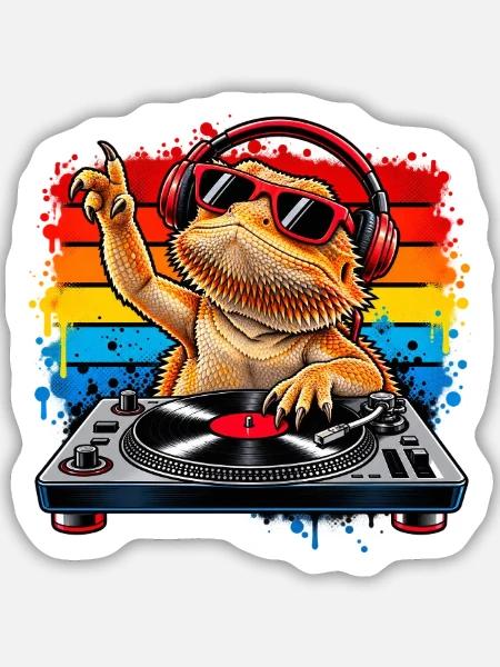 Bearded Dragon DJ Rainbow Vibes - Sticker Größe M (15 x 15 cm) - Mattweiß
