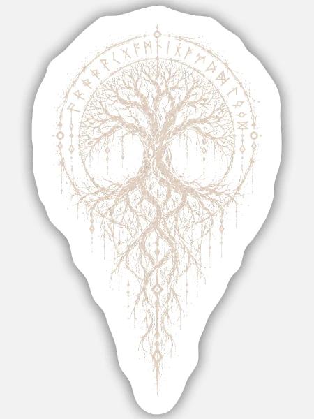 Yggdrasil mit Wurzelstab in Hexentinte - Sticker Größe M (15 x 15 cm) - Mattweiß