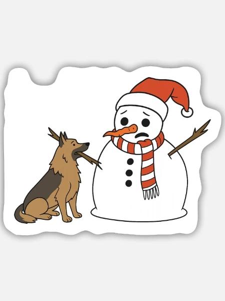 Schäferhund klaut Schneemann den Stockarm - Sticker Größe M (15 x 15 cm) - Mattweiß