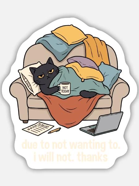 Katzensofa Prokrastination Humor - Sticker Größe M (15 x 15 cm) - Mattweiß