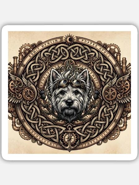 Steampunk-Hund keltische Knoten - Sticker Größe M (15 x 15 cm) - Mattweiß