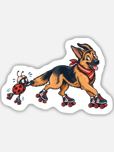 Schäferhund und Marienkäfer auf Rollschuhen - Sticker Größe M (15 x 15 cm) - Mattweiß