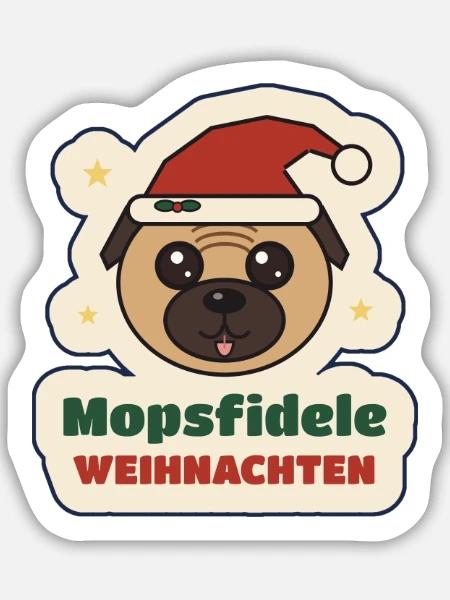 Mopsfidele Weihnachten – Mops mit Weihnachtsmütze - Sticker Größe M (15 x 15 cm) - Mattweiß