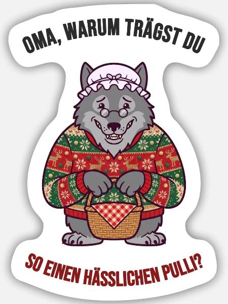 Hässlicher Weihnachtspullover – Wolf & Oma - Sticker Größe M (15 x 15 cm) - Mattweiß