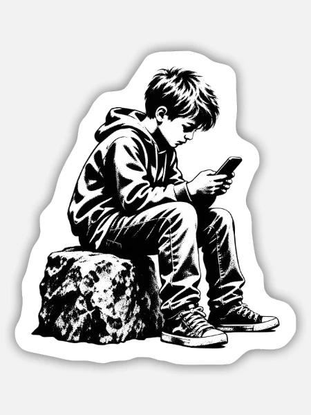 Monochromes Jugendportrait am Handy - Sticker Größe M (15 x 15 cm) - Mattweiß