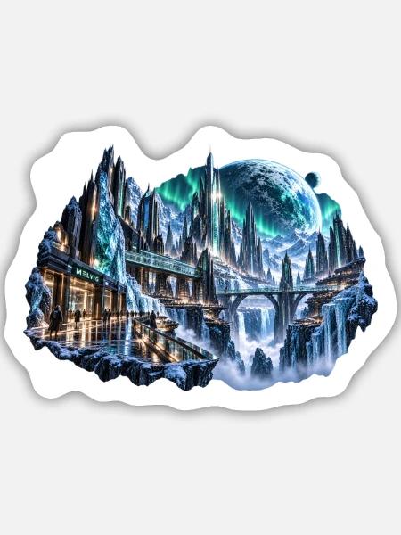 MELVIG – Eisstadt unter Nordlichtern - Sticker Größe M (15 x 15 cm) - Mattweiß