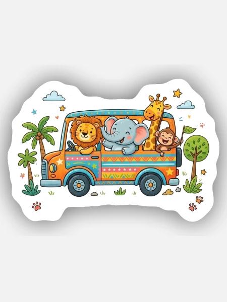 Safari Freunde im bunten Van - Sticker Größe XS (5 x 5 cm) - Mattweiß