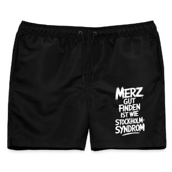 Merz Gut finden ist wie Stockholm-Syndrom - Männer Badeshorts - Schwarz - Vorne - AI Model Male 178 light (178cm)