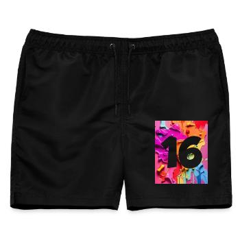 NR. 16 NUMMER 16 BUNT 16. GEBURTSTAG - Männer Badeshorts - Schwarz - Vorne - AI Model Male 178 light (178cm)