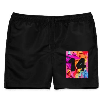 NR. 14 NUMMER 14 BUNT 14. GEBURTSTAG - Männer Badeshorts - Schwarz - Vorne - AI Model Male 178 light (178cm)