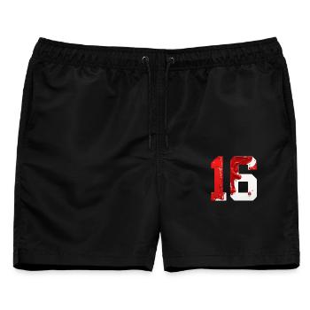NR. 16 NUMMER 16 ROT WEIß 16. GEBURTSTAG - Männer Badeshorts - Schwarz - Vorne - AI Model Male 178 light (178cm)