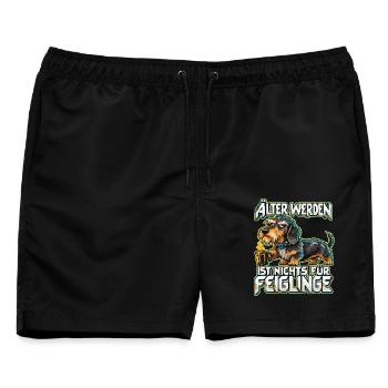 Älter werden: Dackel mit Kaffee - Männer Badeshorts - Schwarz - Vorne - AI Model Male 178 light (178cm)