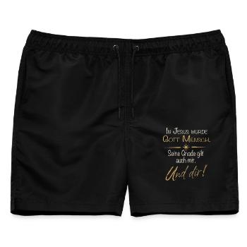 Gottes Gnade – In Jesus wurde Gott Mensch - Männer Badeshorts - Schwarz - Vorne - AI Model Male 178 light (178cm)