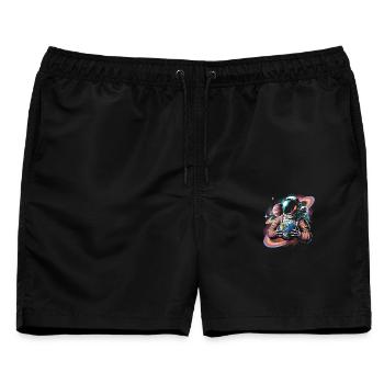 Farbenfroher Astronaut, der Erde und Planeten hält - Männer Badeshorts - Schwarz - Vorne - AI Model Male 178 light (178cm)