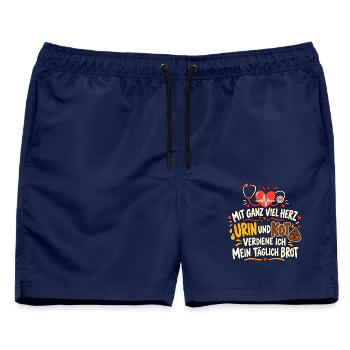 Pflegehumor – Mit Herz, Urin und Kot - Männer Badeshorts - Navy - Vorne - AI Model Male 178 light (178cm)