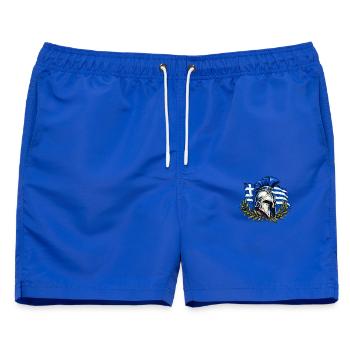 Spartanischer Helm vor griechischer Flagge - Männer Badeshorts - Royalblau - Vorne - AI Model Male 178 light (178cm)