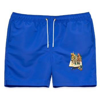 Stadtskizzen im offenen Skizzenbuch - Männer Badeshorts - Royalblau - Vorne - AI Model Male 178 light (178cm)