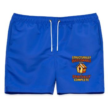 Strukturell fragwürdig, spirituell vollständig - Männer Badeshorts - Royalblau - Vorne - AI Model Male 178 light (178cm)