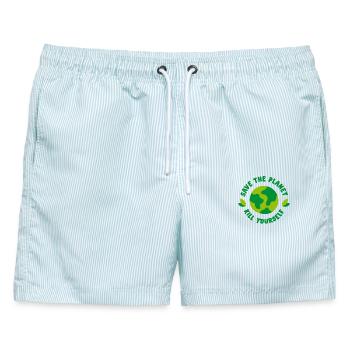 Save the Planet - Kill yourself - Männer Badeshorts - hellblau gestreift - Vorne - AI Model Male 178 light (178cm)