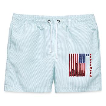 11 September - Patriot Day USA Gedenken - Männer Badeshorts - hellblau gestreift - Vorne - AI Model Male 178 light (178cm)