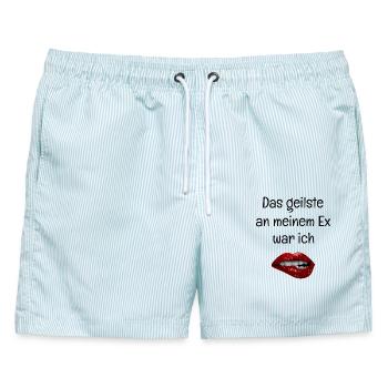 Das Geilste an meinem Ex war ich - Rote Lippen - Männer Badeshorts - hellblau gestreift - Vorne - AI Model Male 178 light (178cm)