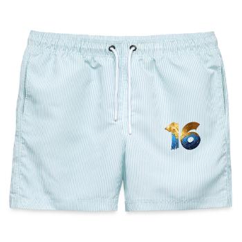 NR. 16 NUMMER 16 COOL 16. GEBURTSTAG - Männer Badeshorts - hellblau gestreift - Vorne - AI Model Male 178 light (178cm)