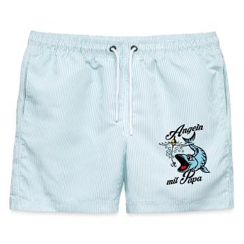 Angeln mit Papa. Ein Angeltag mit Papa - Männer Badeshorts - hellblau gestreift - Vorne - AI Model Male 178 light (178cm)