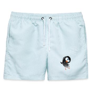 Lustiger Vogel la,laa ich scheiß auf Dich Spruch - Männer Badeshorts - hellblau gestreift - Vorne - AI Model Male 178 light (178cm)
