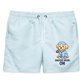 Maltipoo im Pyjama mit Rose – Snooze Mode ON - Männer Badeshorts - hellblau gestreift - Vorne - AI Model Male 178 light (178cm)