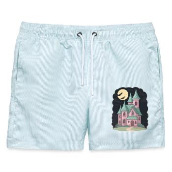Pastell Spukhaus mit Fledermäusen Halloween - Männer Badeshorts - hellblau gestreift - Vorne - AI Model Male 178 light (178cm)