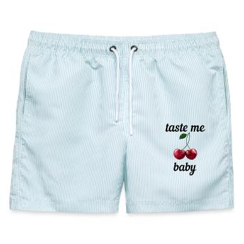 Taste me Baby - Rote Kirschen Spruch - Männer Badeshorts - hellblau gestreift - Vorne - AI Model Male 178 light (178cm)